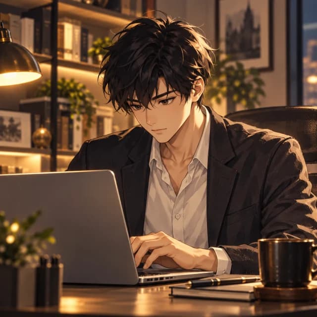 Illustrated portrait of Wayne working at a laptop