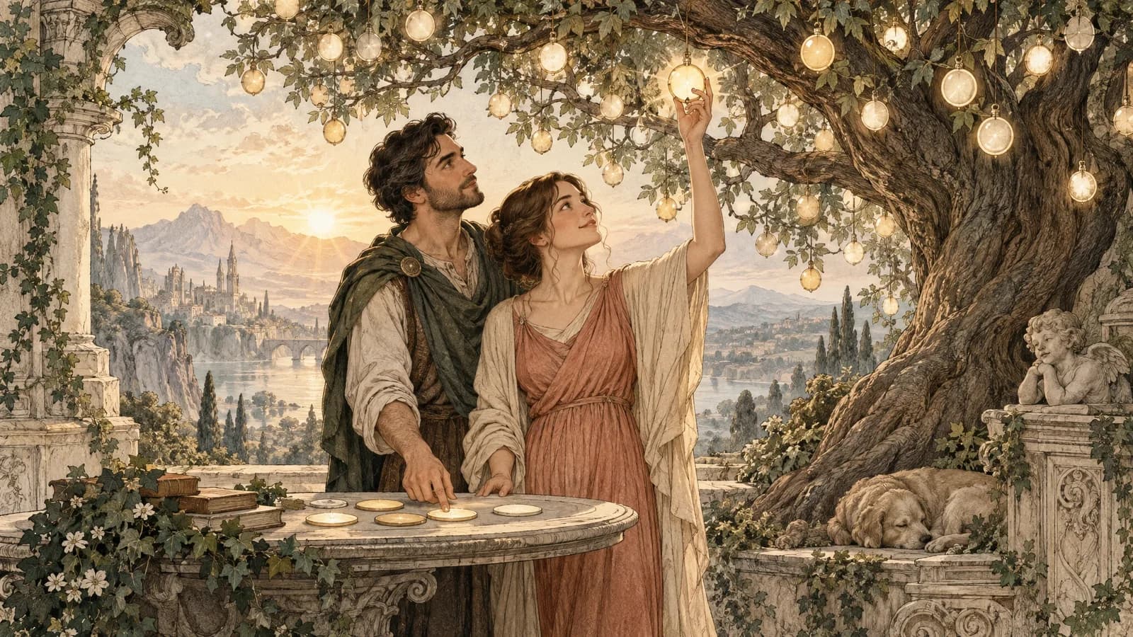 A couple choosing one glowing name token from a mythic tree of possibilities