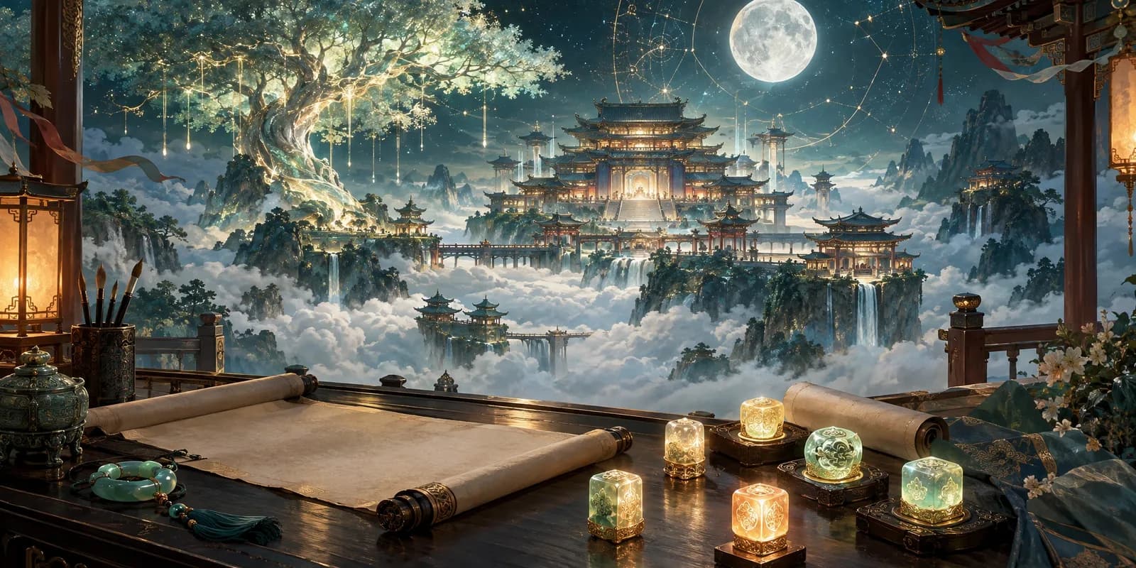 An ancient Chinese mythic naming desk beneath a moonlit sky with scrolls, jade talismans, and glowing username seals