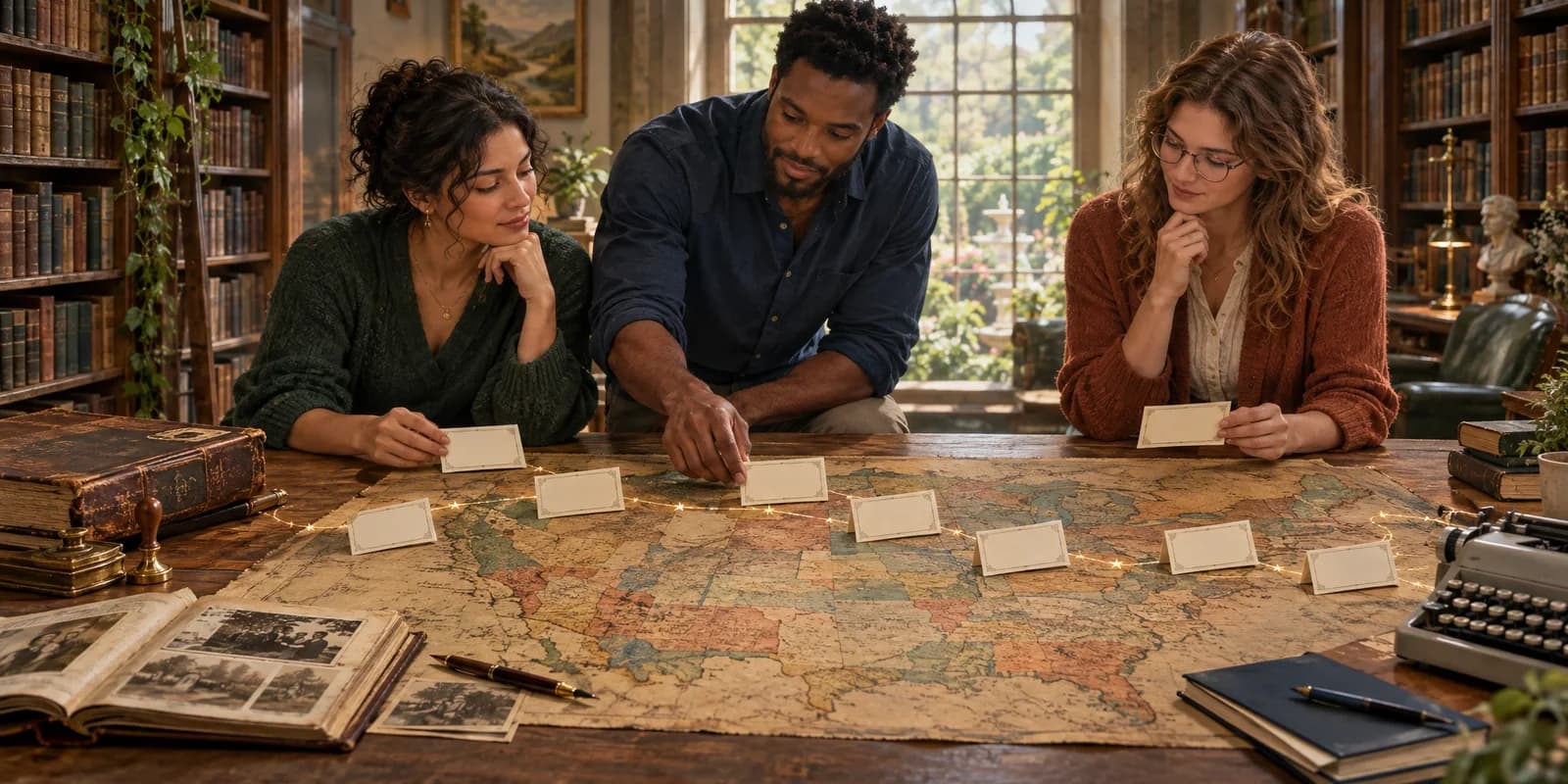 A diverse group arranging American name cards across an old map and timeline in a mythic archive