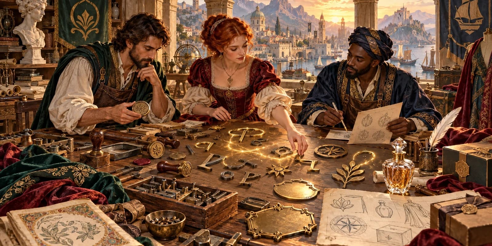 A mythic old-world brand atelier where luminous letterforms, perfume vessels, fashion emblems, and merchant seals are shaped into a new identity