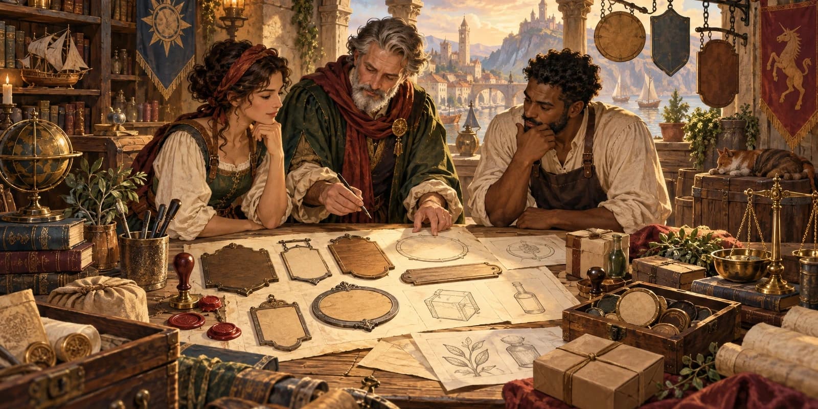 An old-world naming atelier where creators compare domain signs and brand directions in a mythic storybook setting
