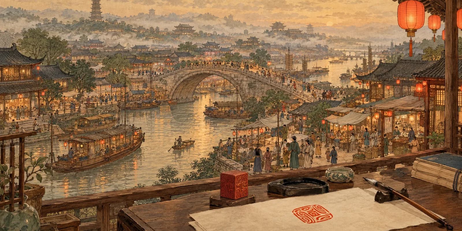 A Chinese riverside market in handscroll style with lanterns, a calligraphy desk, brush, and carved red seal
