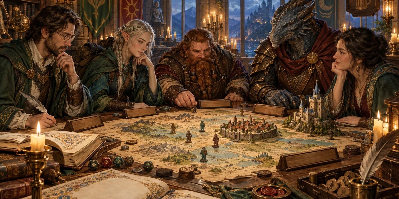 A diverse tabletop adventuring party choosing names from an illuminated fantasy chronicle