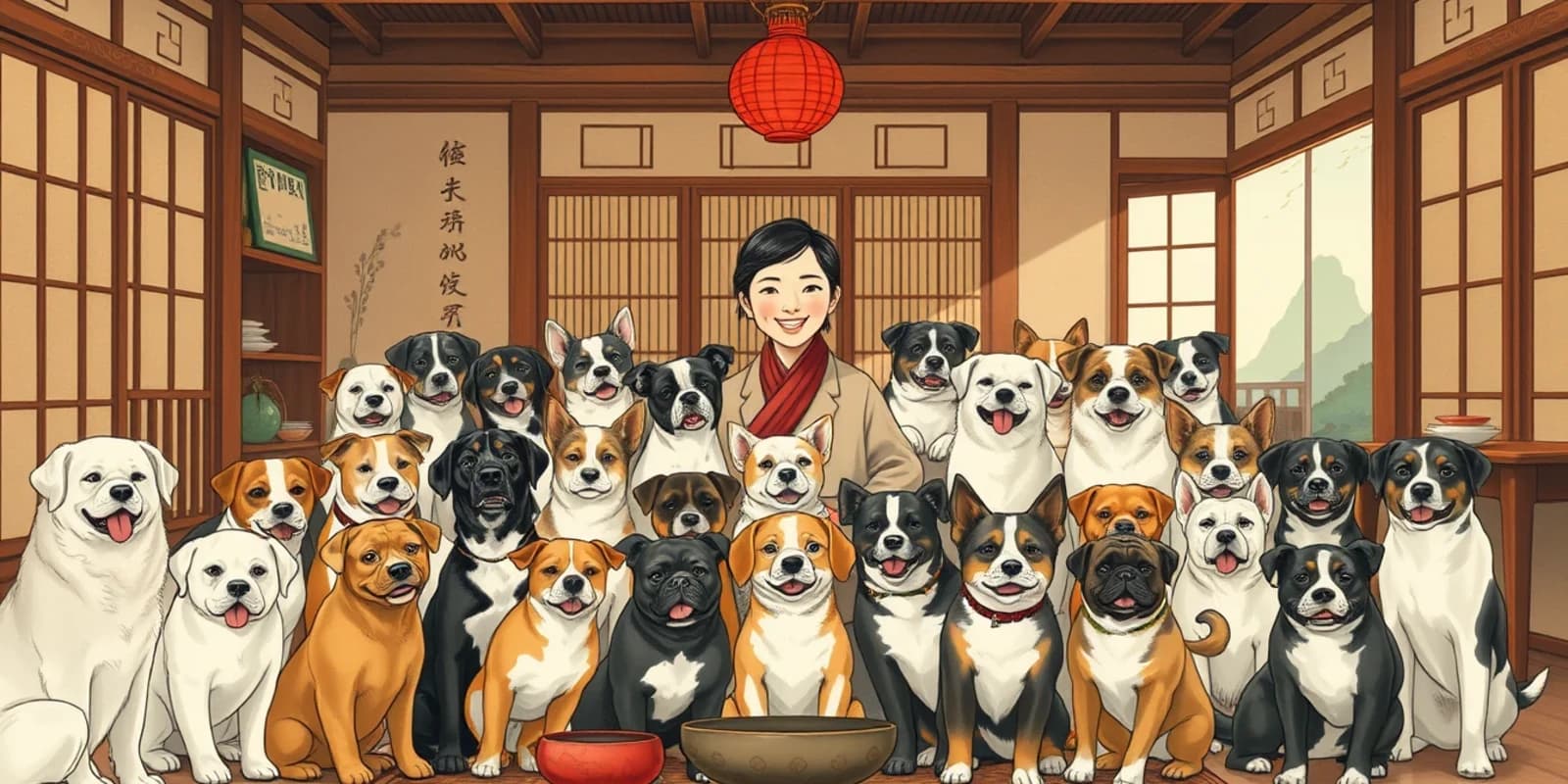 A person surrounded by many adorable dogs in a warm vintage traditional home