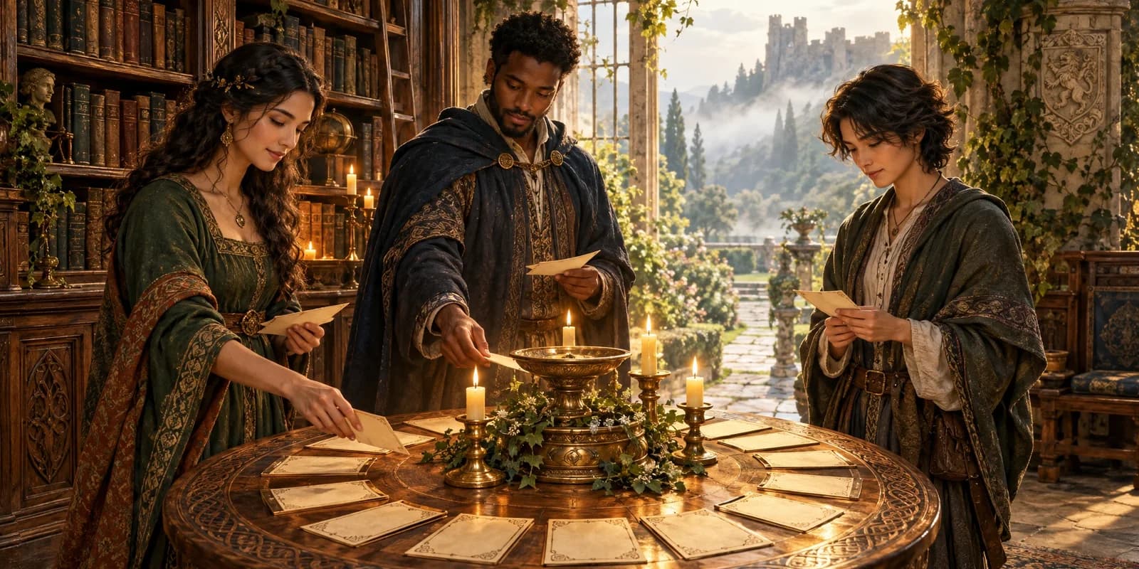 A diverse group choosing engraved English name cards in a mythic old library