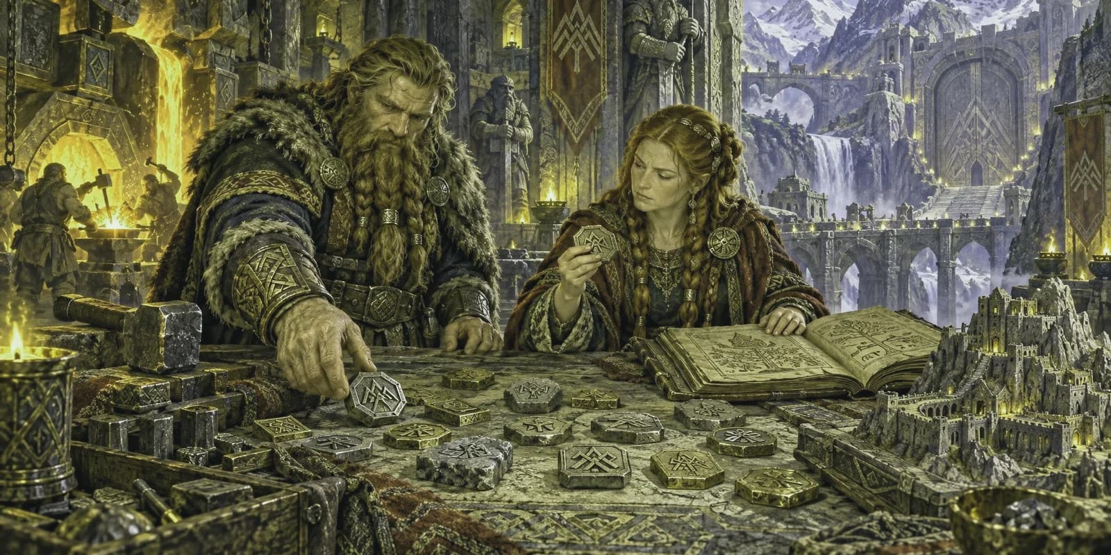 A whimsical gnome workshop with brass tools, glowing crystals, garden ornaments, and a name book