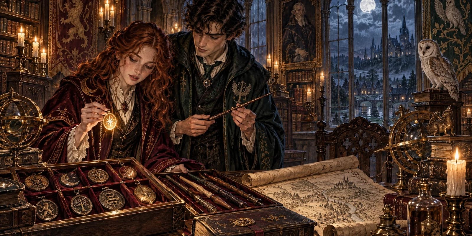 Two original magic students choosing enchanted name medallions and wand woods in a candlelit academy library