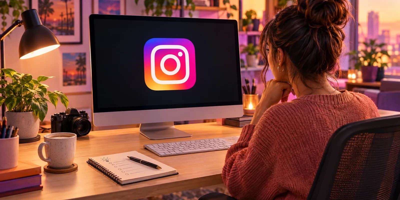 A modern creator at a computer displaying a large Instagram logo in a warm home studio