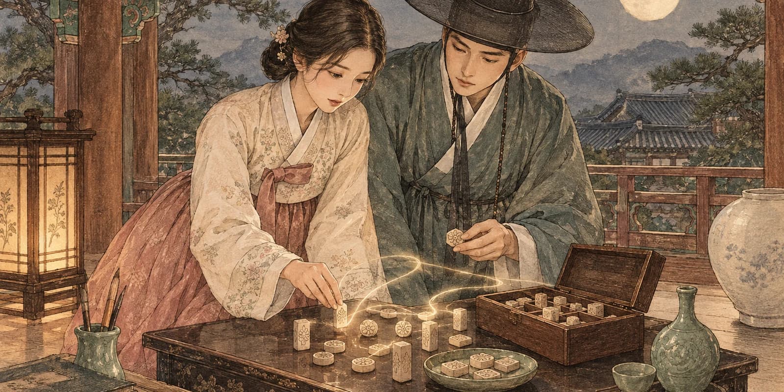 A Korean woman and man arranging carved name tokens in a moonlit storybook pavilion