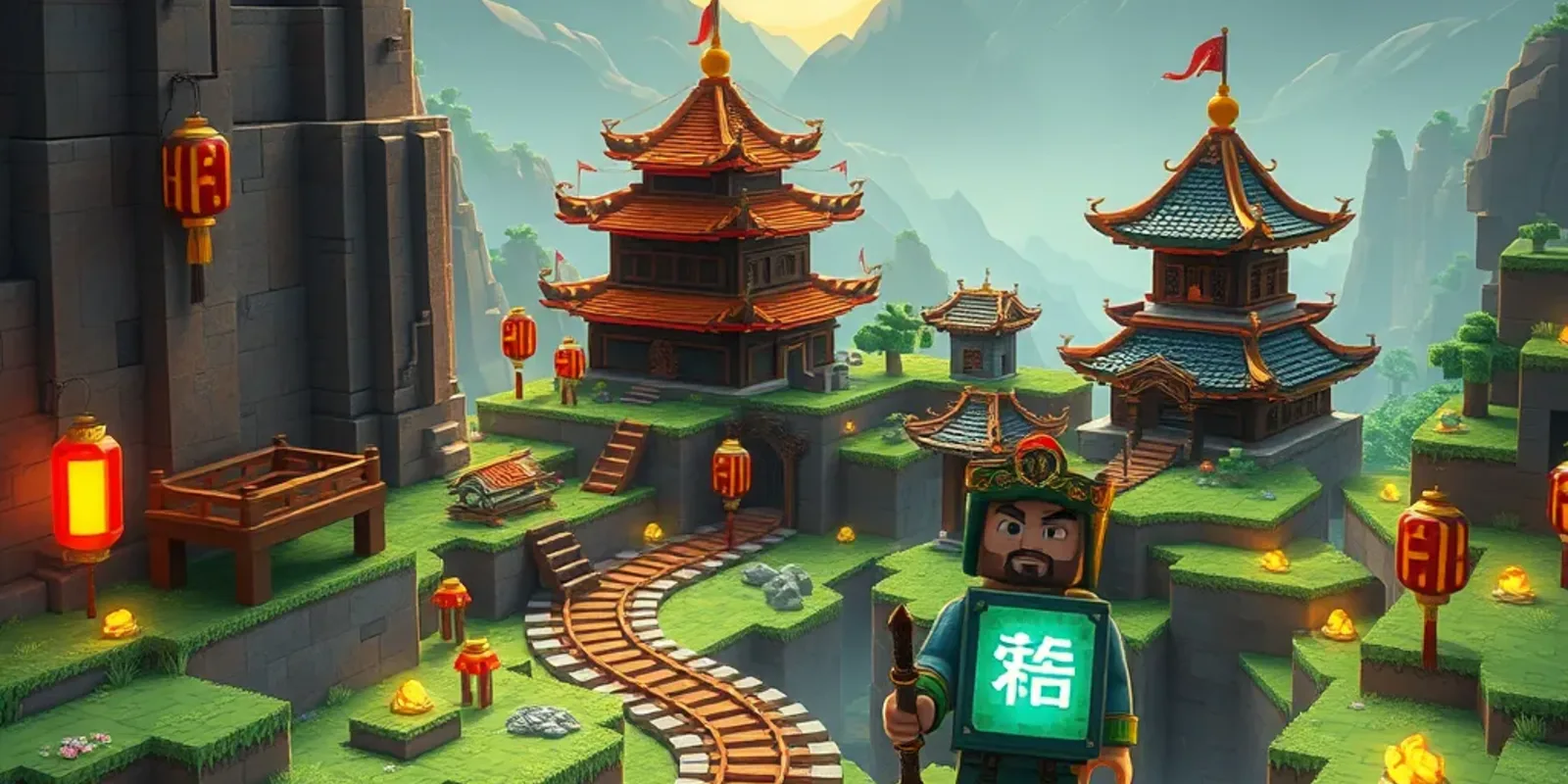 An ancient mythic mountain forge with glowing name seals, lanterns, and a masked adventurer choosing a Minecraft-style username
