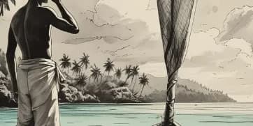 A person looking across a tropical island shoreline