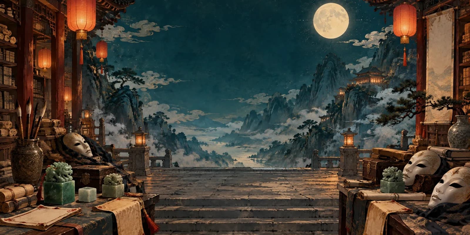 An ancient Chinese mythic archive under a moonlit sky with lanterns, jade seals, anonymous masks, and glowing name talismans