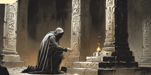 A hooded figure discovering a relic in an ancient temple