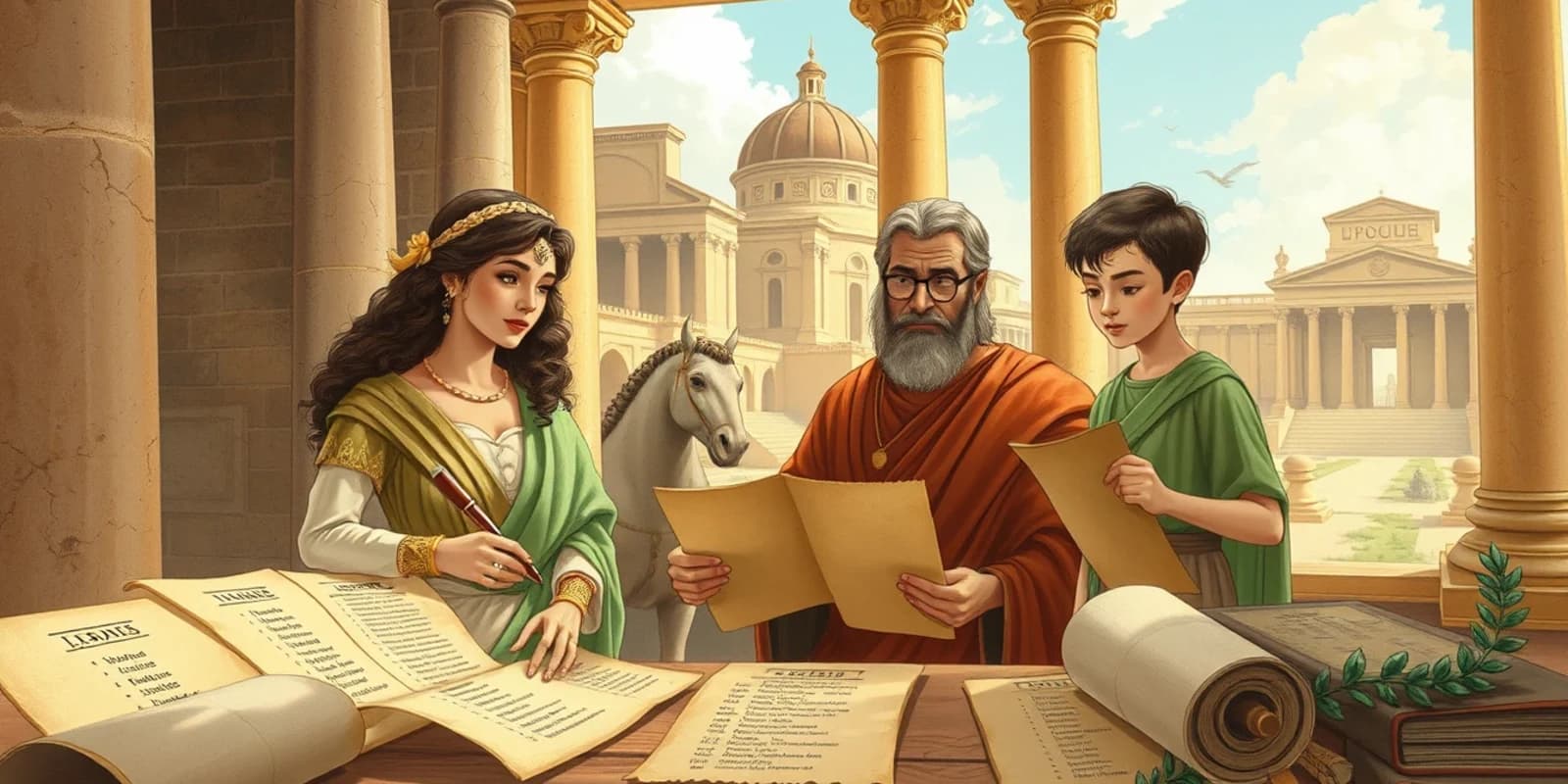 A Roman family and scribe reviewing name tablets in a columned forum with scrolls and wax tablets