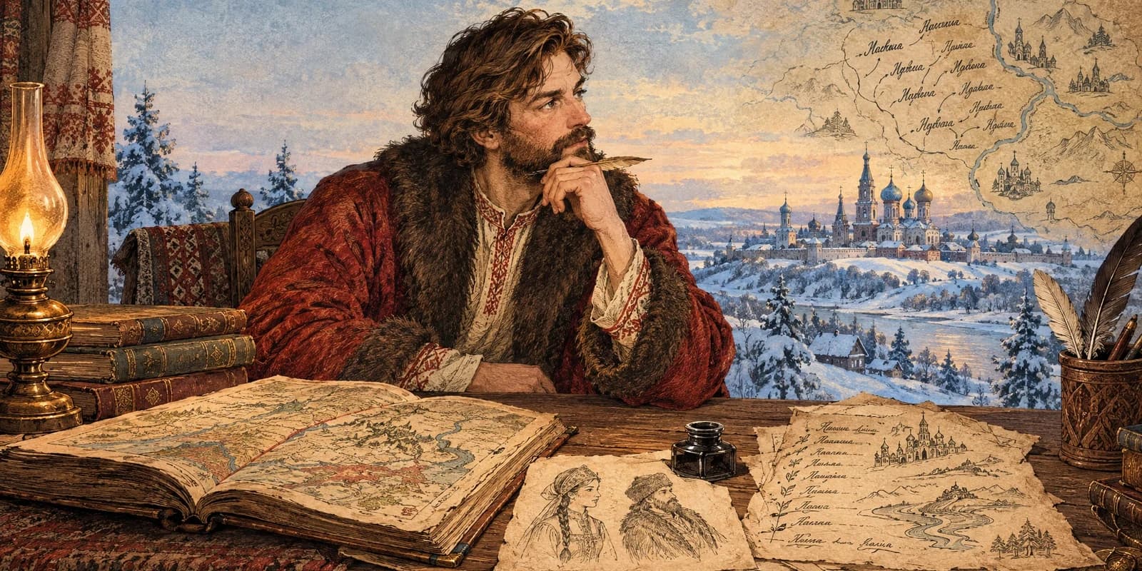 A Russian naming desk with a storyteller, Cyrillic manuscript, old map, and character sketches