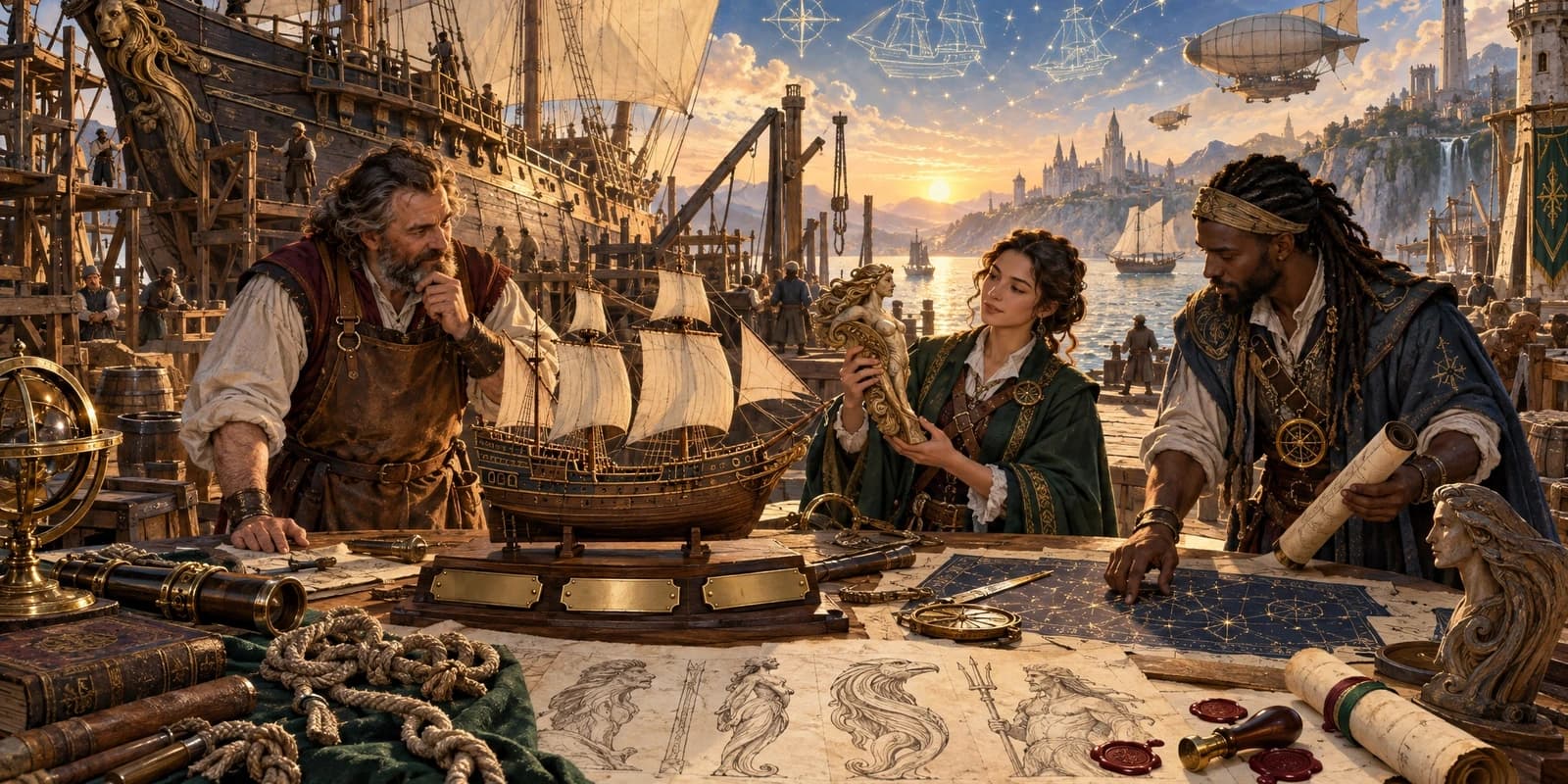 Mythic shipwrights and navigators naming a grand sailing vessel beneath constellations that suggest distant starships