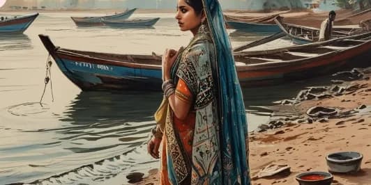 A Sindhi woman standing beside colorful boats