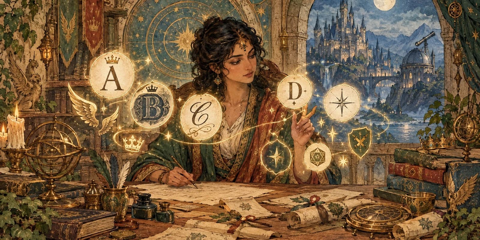 An ornate mythic scribe styling names with luminous letters, crowns, stars, and gaming emblems