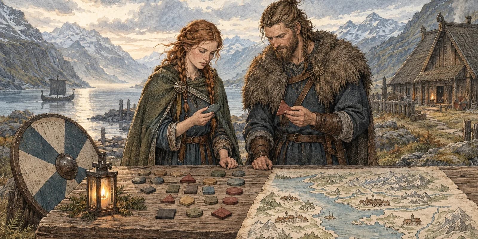 A Viking-age-inspired woman and man choosing carved name tokens beside a fjord settlement