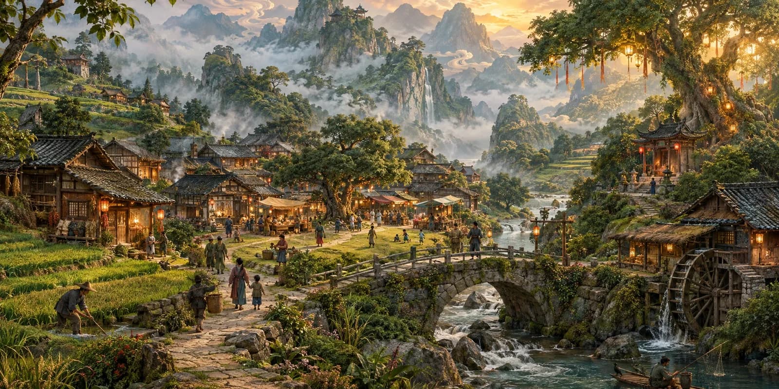 A mythic fantasy village of timber cottages, farms, a mill, market green, shrine, and villagers beneath mountains