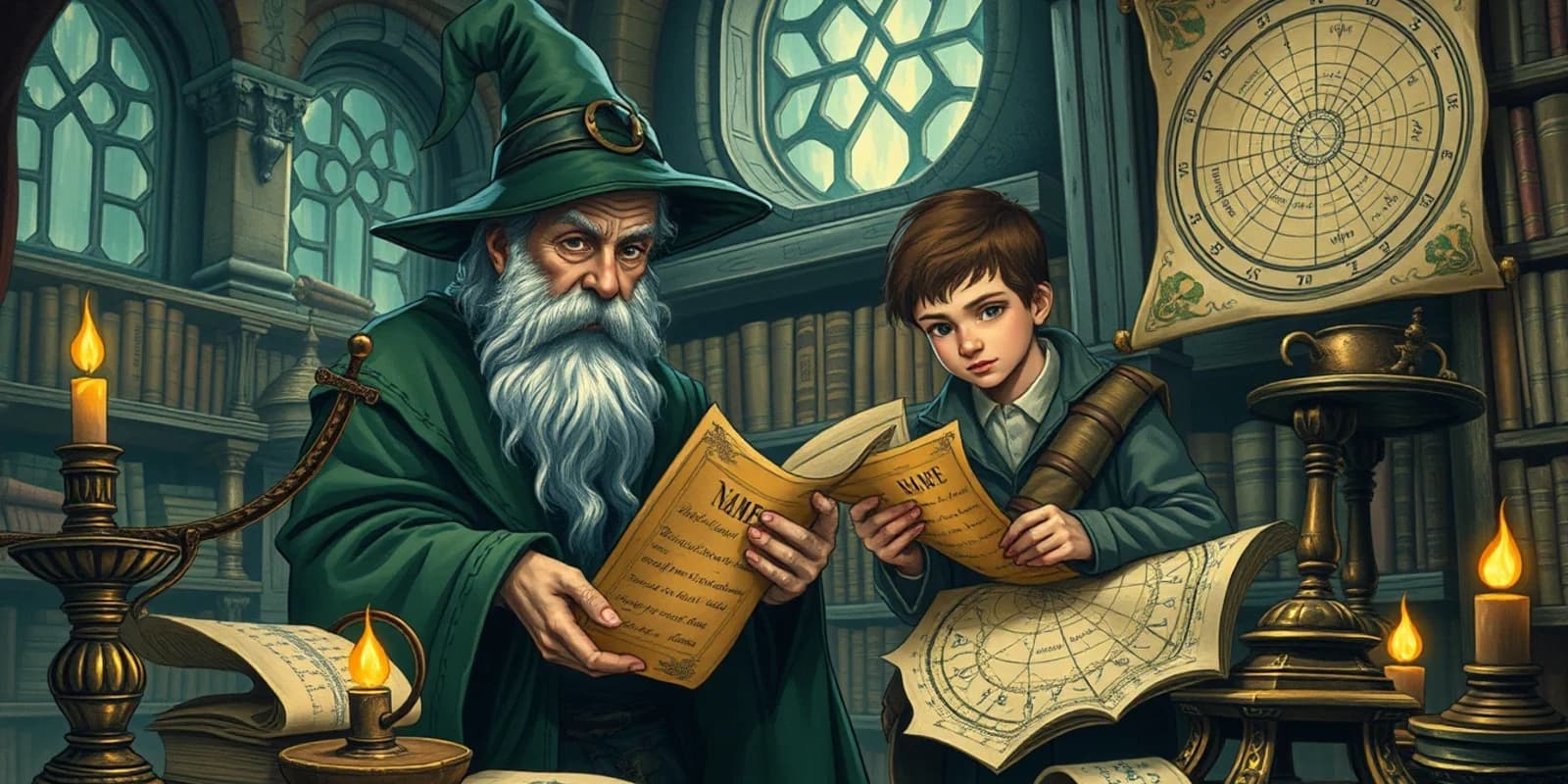 An old wizard and a young apprentice studying magical name scrolls, runes, and star charts in a vintage tower library
