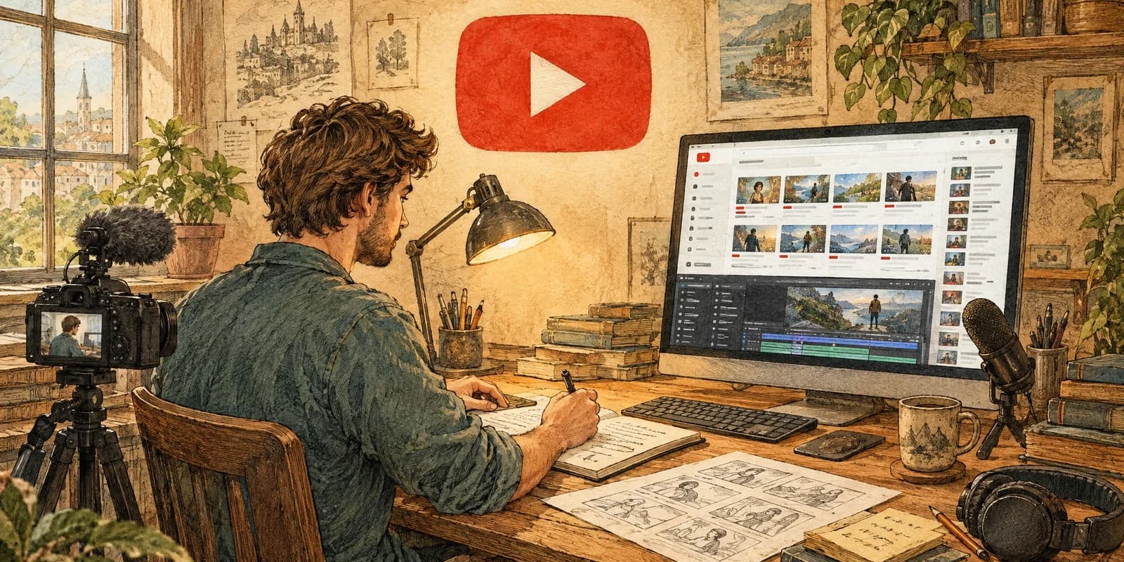 A male video creator working at a computer showing a YouTube-style homepage, with a centered red play-button emblem in a vintage storybook studio