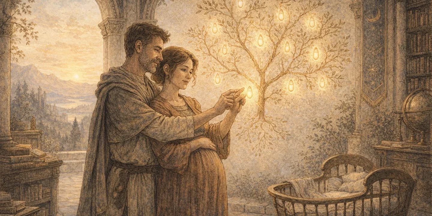 Expectant parents choosing a glowing name token from a mythic family tree