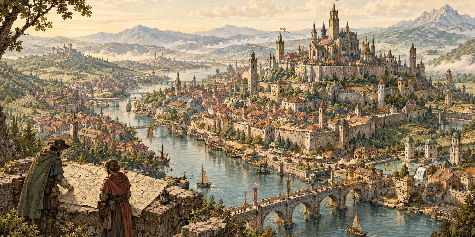 Two cartographers overlooking an original river city of bridges, towers, walls, and distant mountains