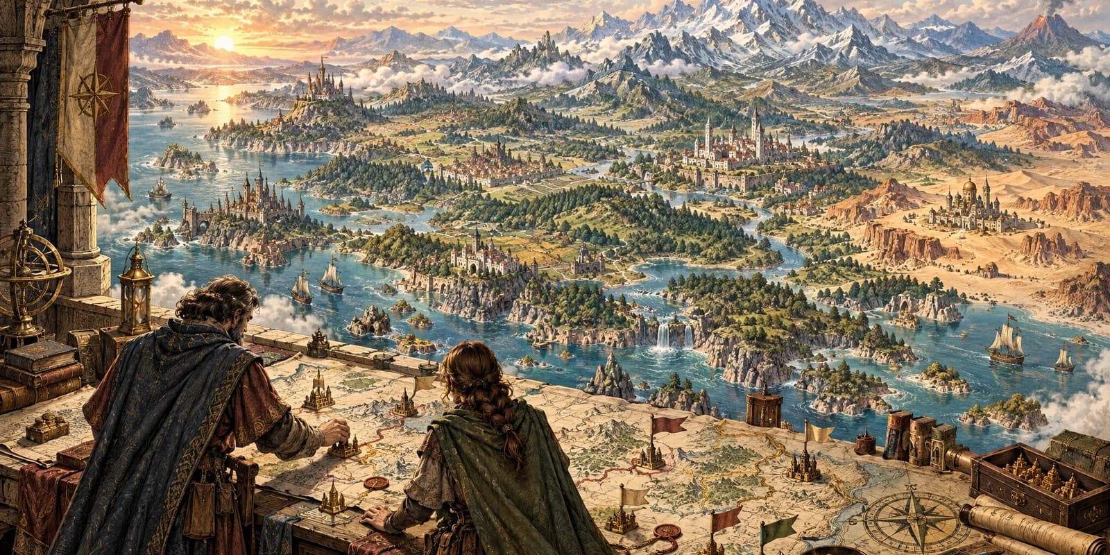 Two worldbuilders naming imagined countries across a vast continent from an old cartography observatory