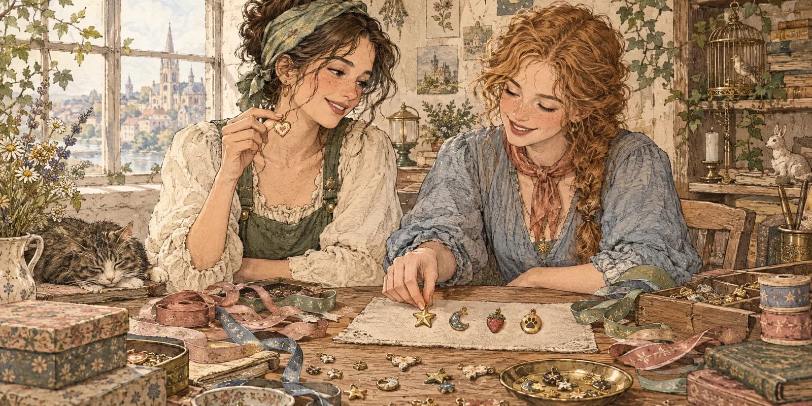 Two friends choosing tiny illustrated name charms from a whimsical vintage naming desk