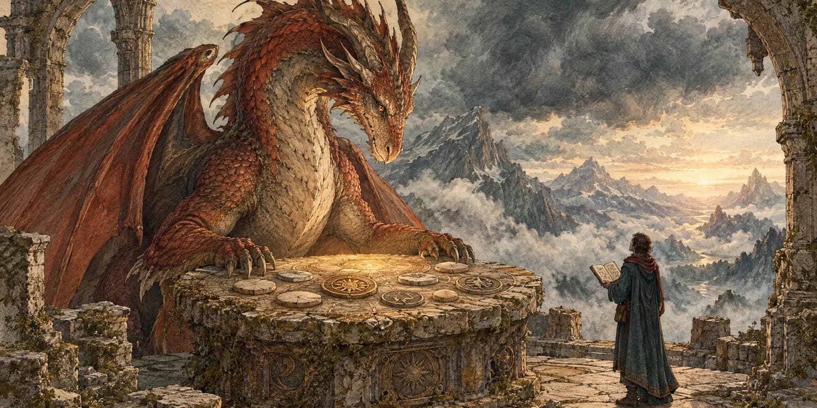 An ancient dragon choosing carved name tokens at a ruined mountain observatory
