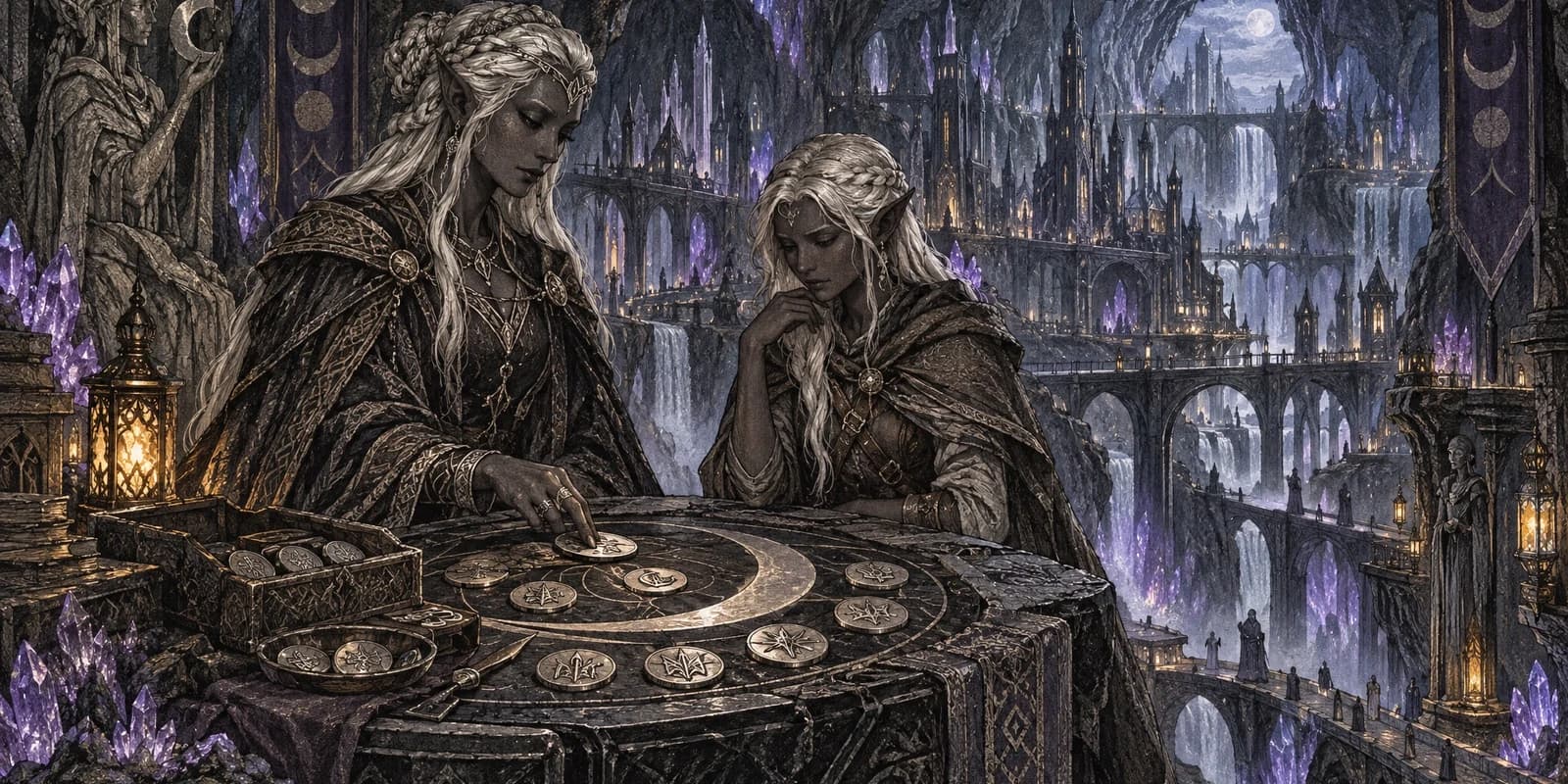 Two original dark elves choosing silver name tokens at an obsidian altar above a moonlit cavern city