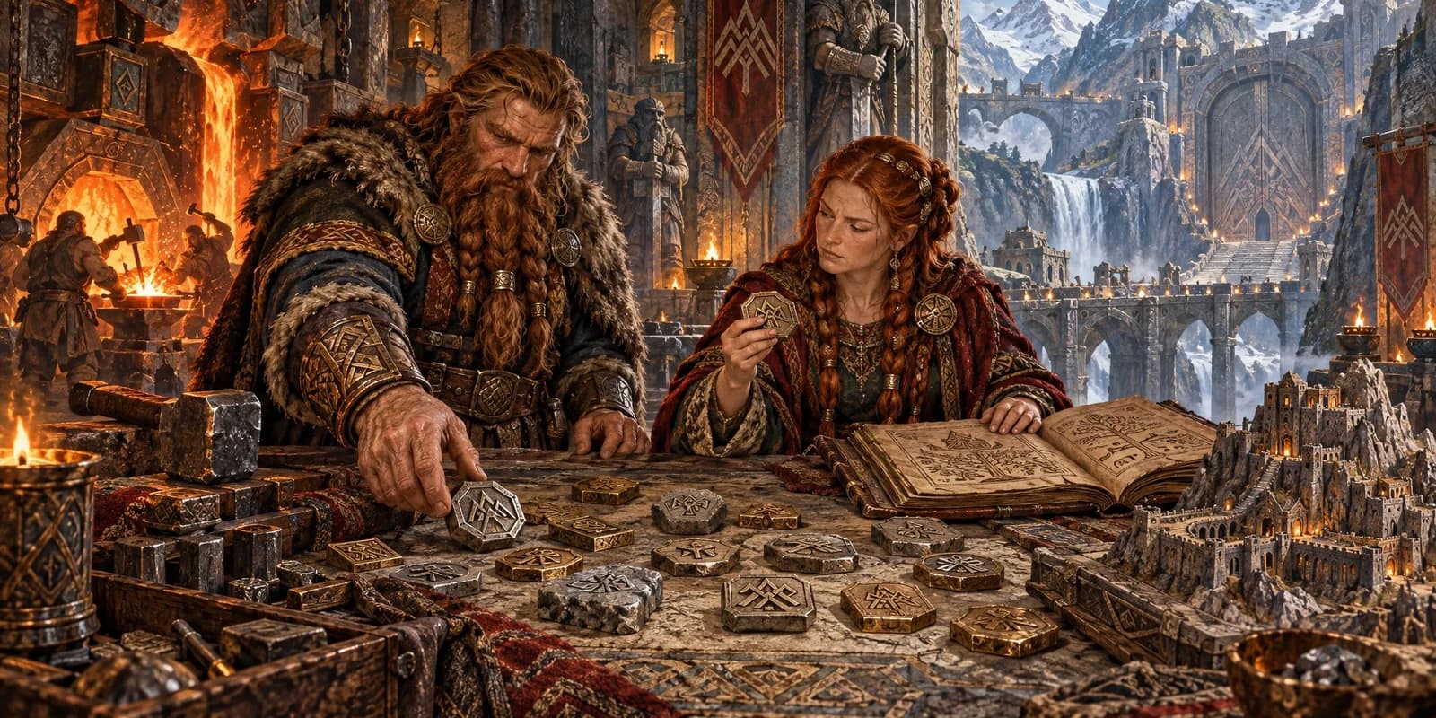 A dwarven smith and rune keeper choosing clan name tokens in a vast mountain forge hall