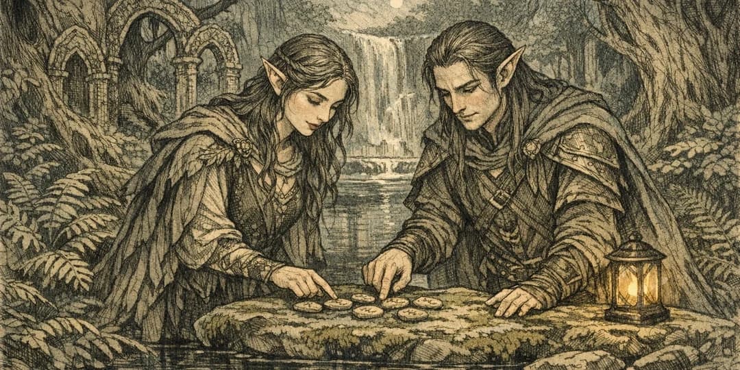 Two original elven characters choosing carved name tokens in an ancient moonlit forest