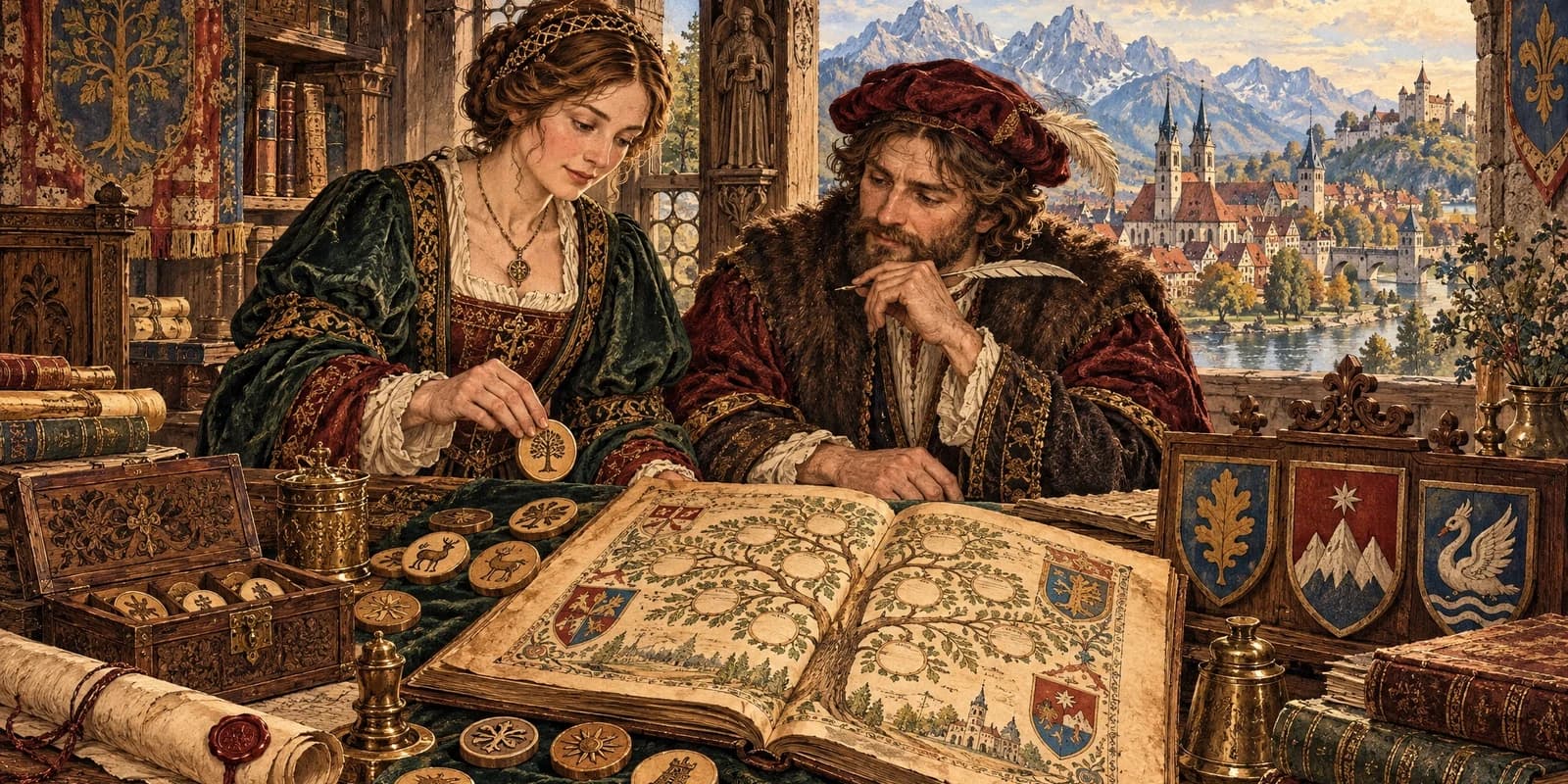 Two German archivists choosing engraved name tokens from an illuminated family register above an old alpine town