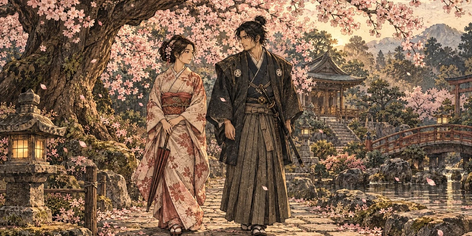 A kimono-clad woman and traditionally dressed samurai standing beneath blooming cherry trees