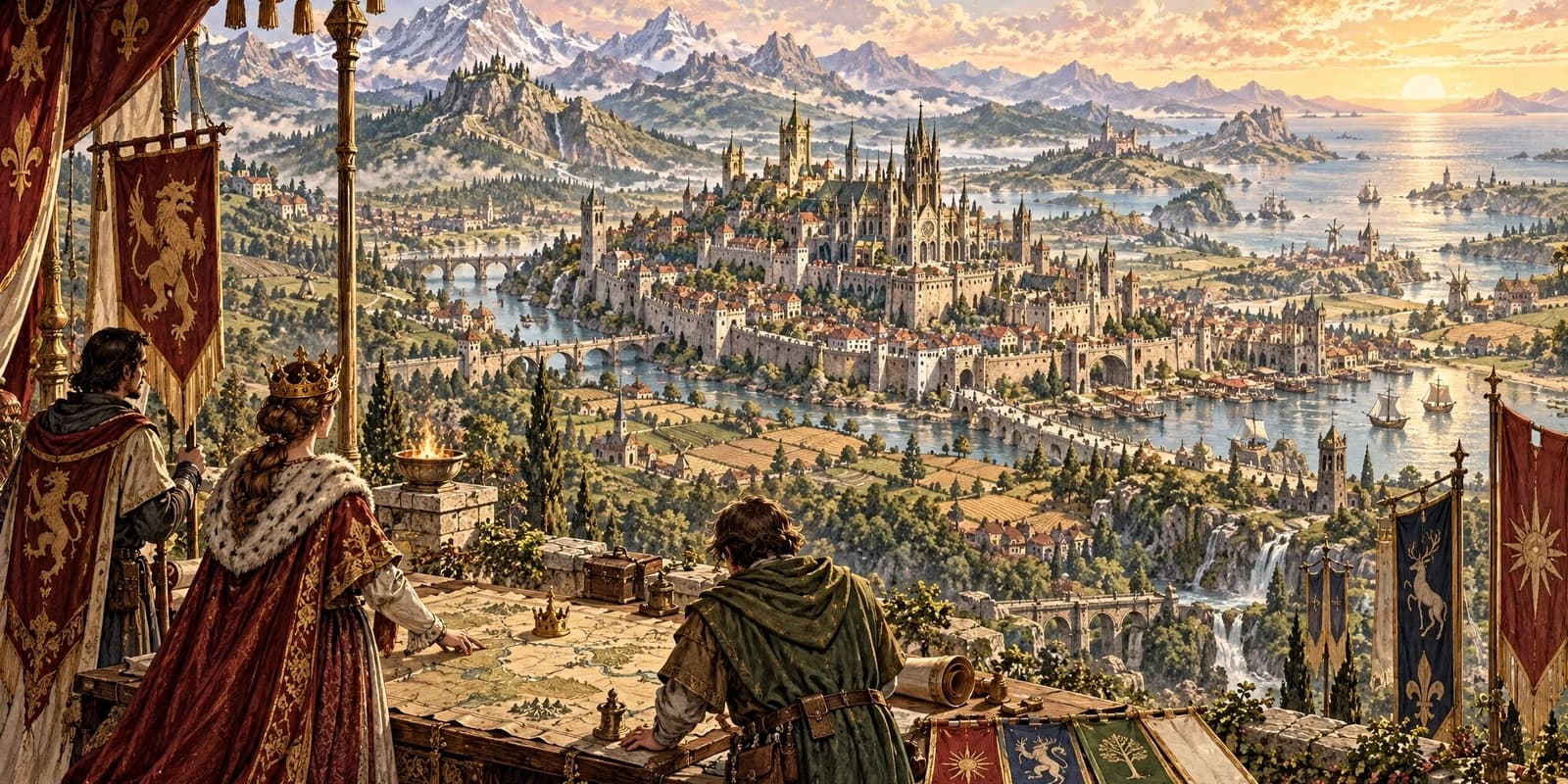 A queen, herald, and mapmaker naming a vast river kingdom from a hilltop royal pavilion at dawn