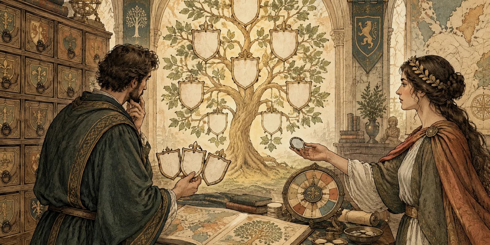 A storybook archivist matching family-name plaques to a luminous ancestral tree