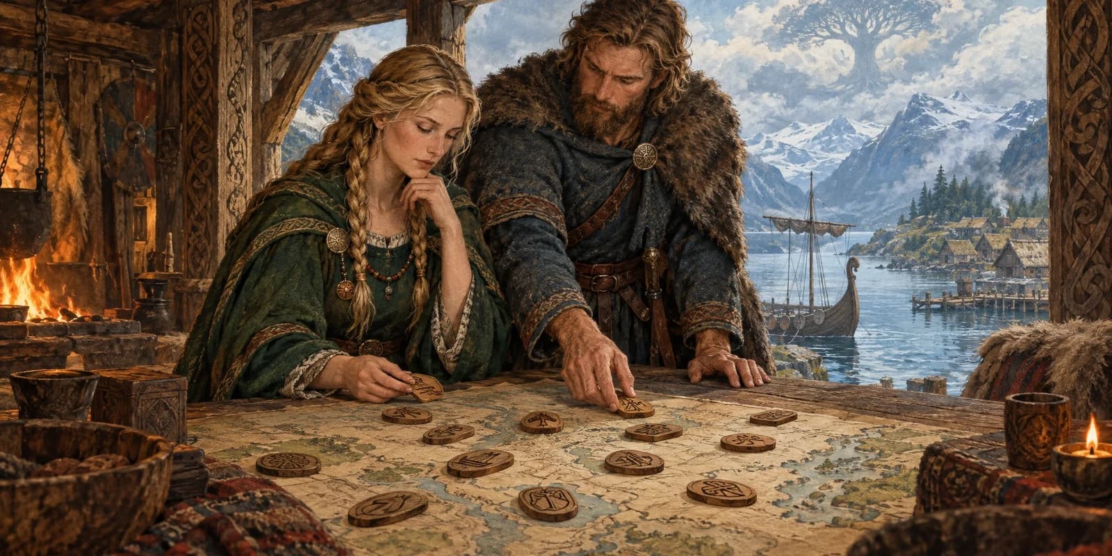 A Norse storyteller and voyager choosing carved name tokens inside a fjord longhouse