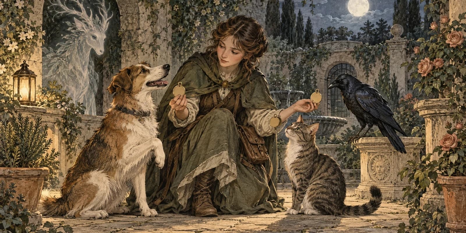 A storybook naturalist naming real and mythic animal companions in a moonlit garden