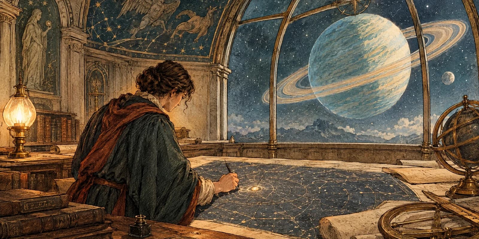 A cartographer naming a distant planet beneath a star-filled observatory dome