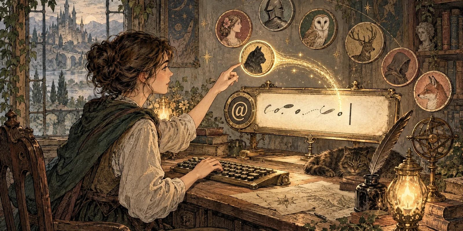 A person entering a new username into a website field in a vintage storybook illustration
