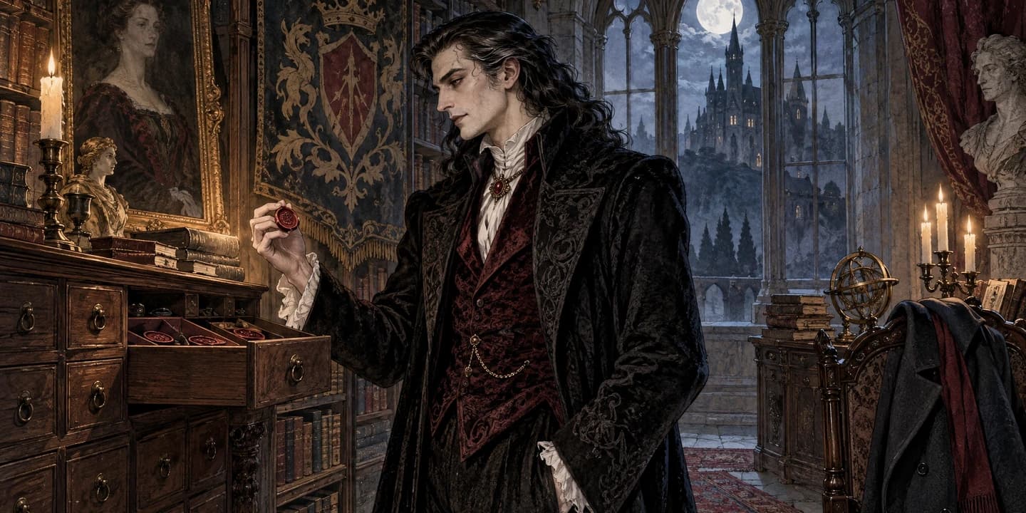 A mythic vampire archivist choosing an identity token in a moonlit ancestral library