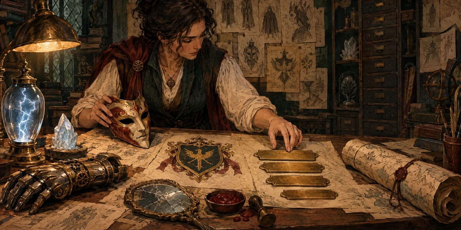 A writer assembling an original villain identity from masks, symbols, and a sealed dossier