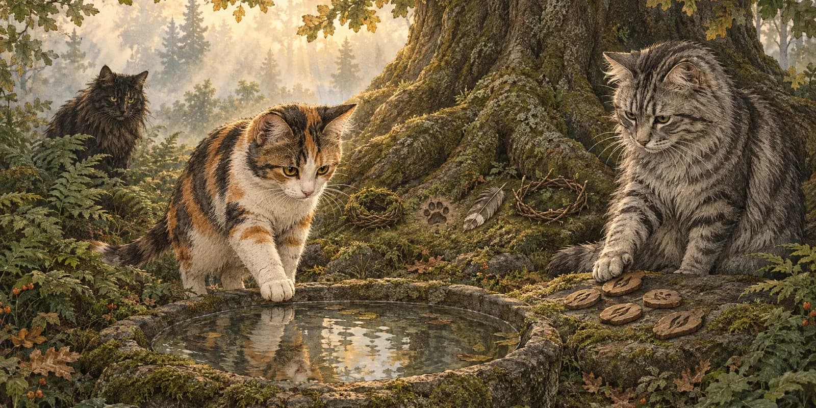 Original forest cats receiving carved name tokens beneath an ancient tree
