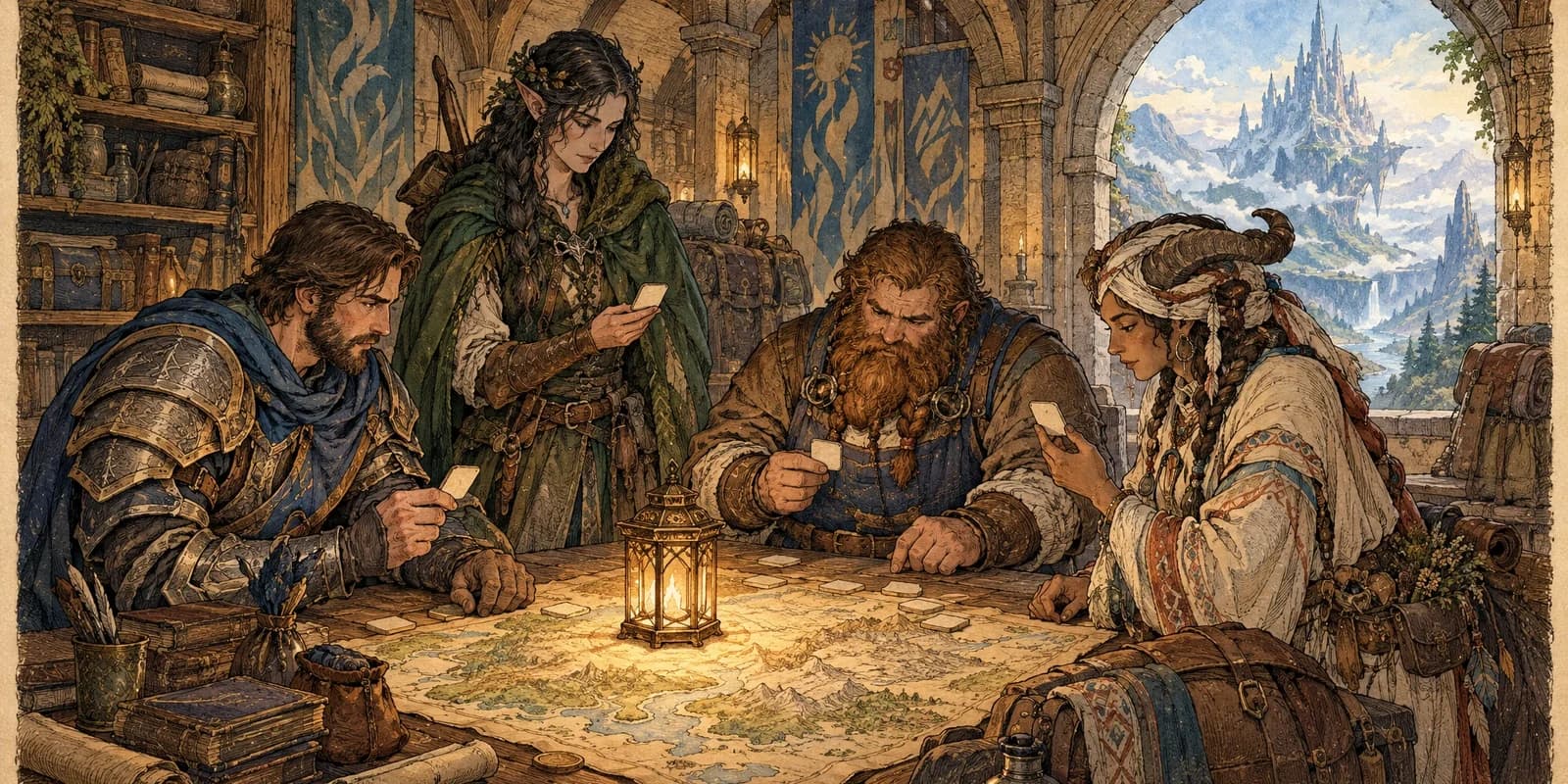 A band of original fantasy adventurers choosing identity tokens around a glowing map table