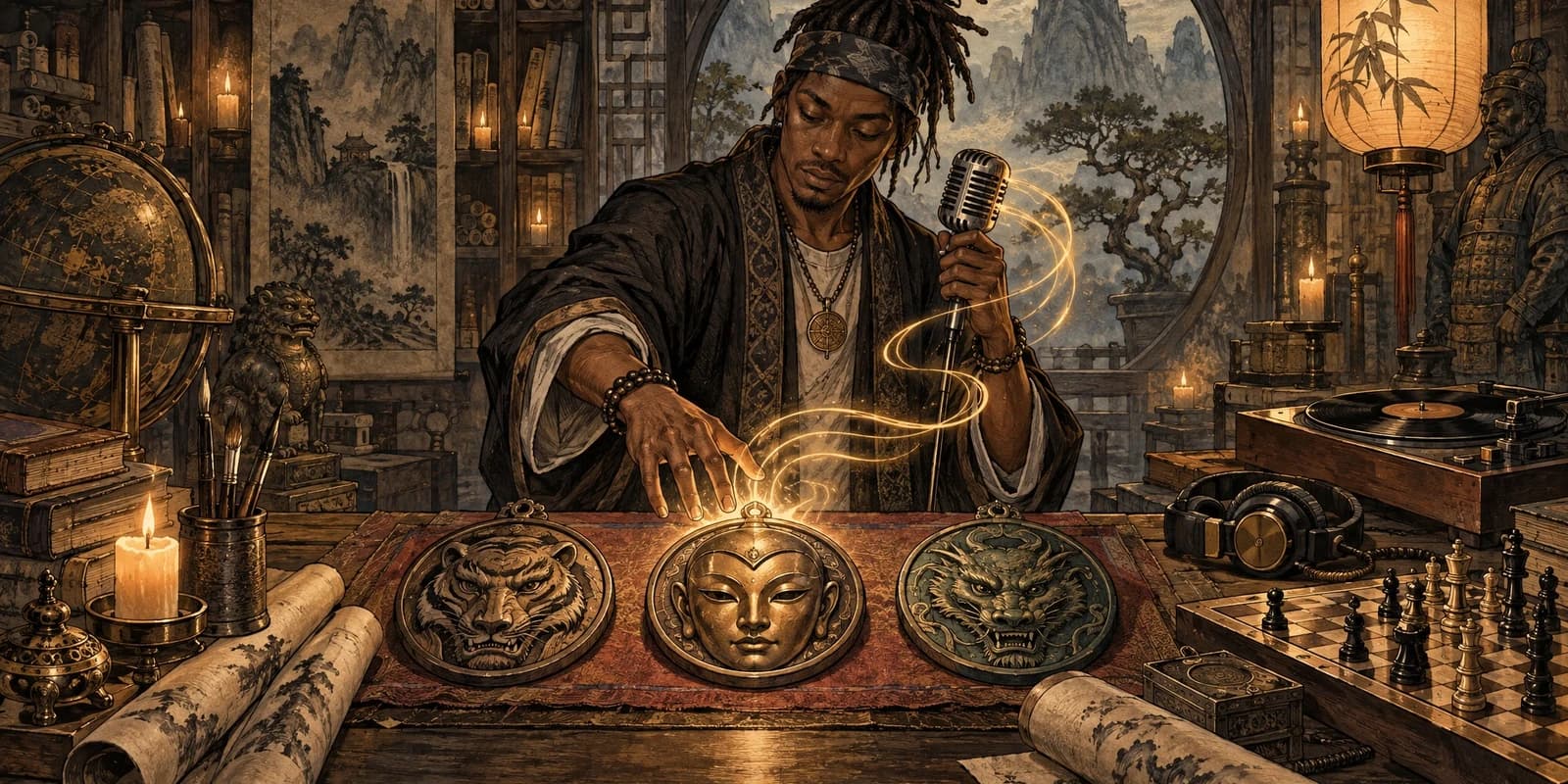 An original hip-hop artist choosing a mythic stage identity in a candlelit martial-arts record studio