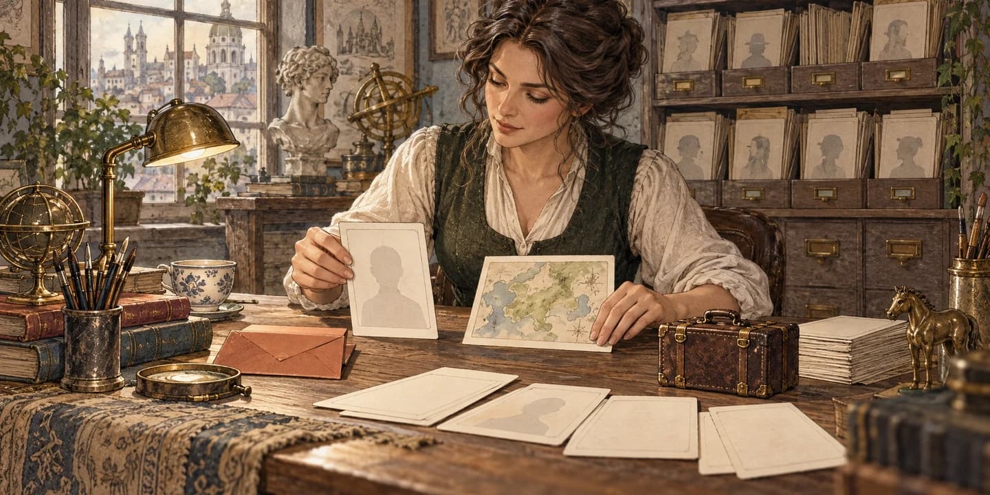 An illustrated archivist assembling a fictional identity from profile cards