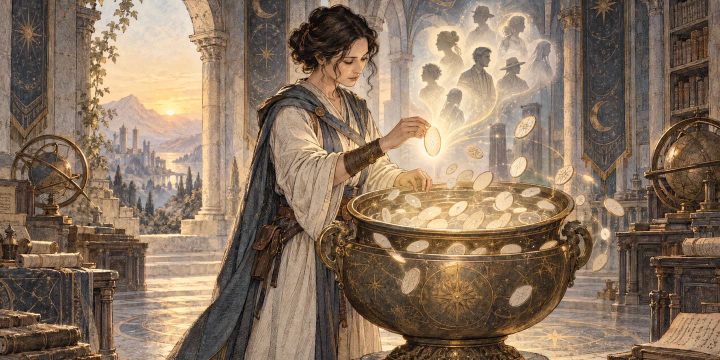 A mythic keeper selecting an identity token from a celestial urn